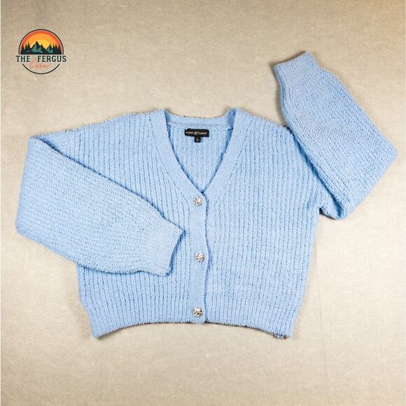 Almost Famous Sweaters - Almost Famous Ringtone Brooch Pastel Blue Trendy Crop Cable Knit Cardigan Sz L